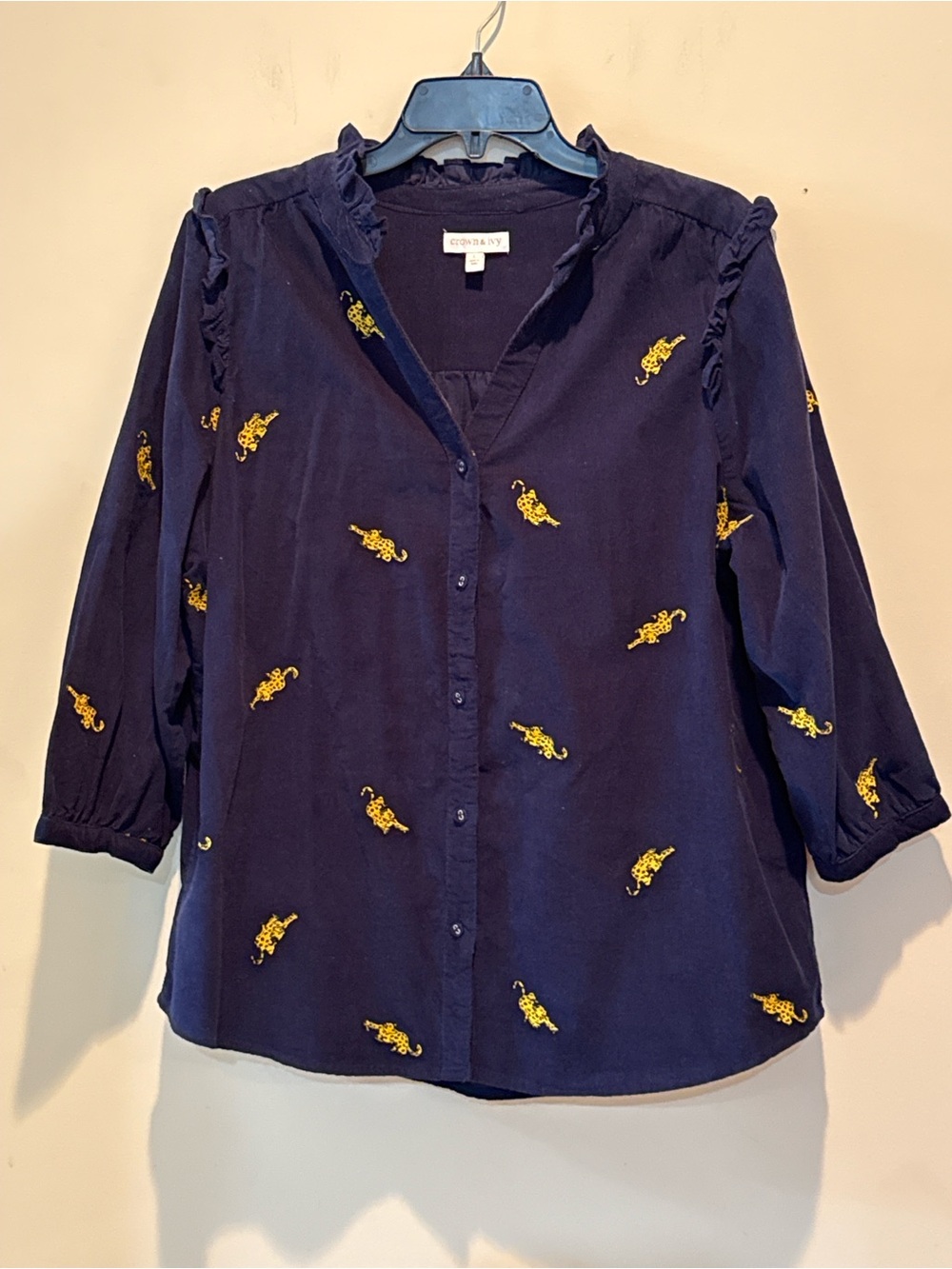 crown & ivy Navy Button-Down Shirt with Yellow Embroidery